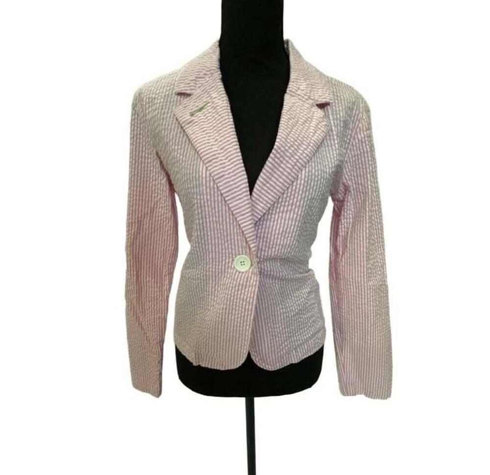 Duck Head Jeans Co. Pink and White Striped Seersucker Blazer Large (fits more li